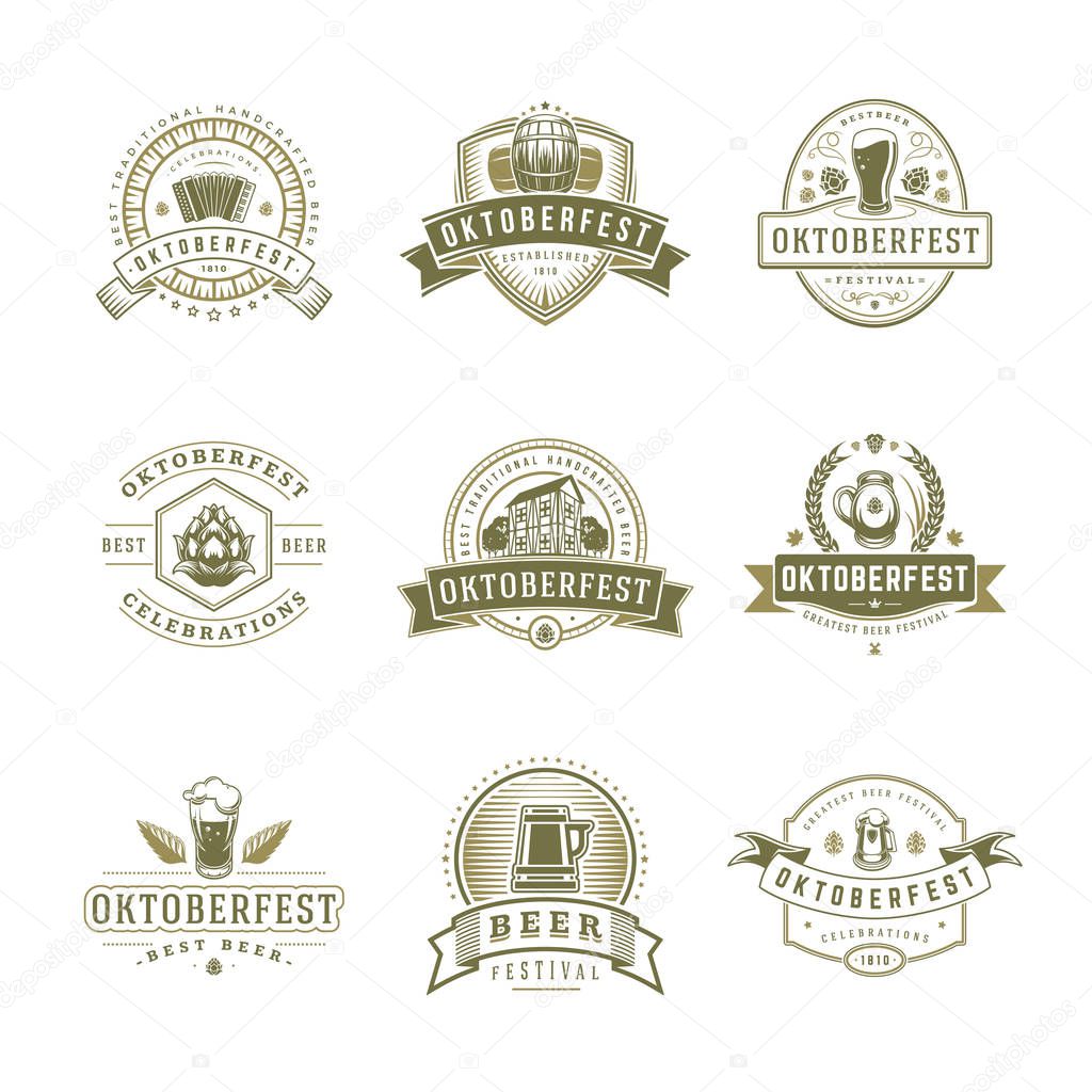 Oktoberfest labels, badges and logos set Beer festival elebrations text. Vector illustration. Good for Posters,Greeting Cards and T-Shirts.