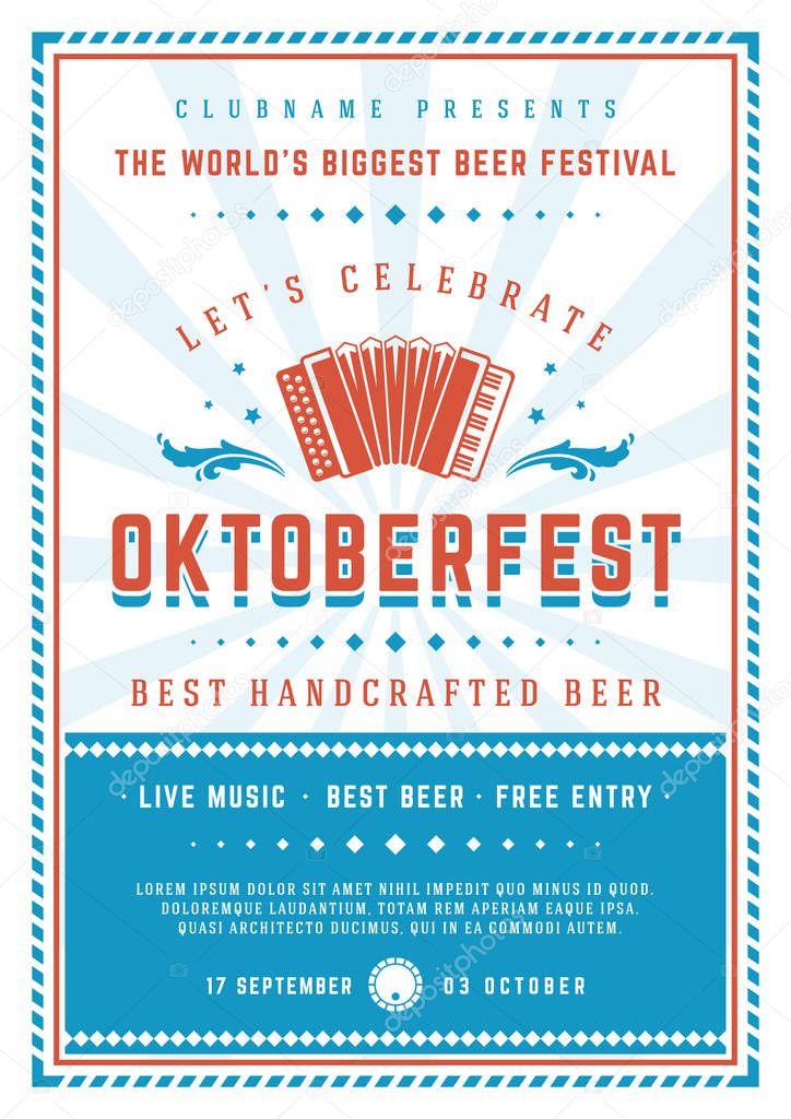 Oktoberfest beer festival celebration poster or flyer template retro typography. Oktoberfest Badge or Logo Retro Vector illustration.