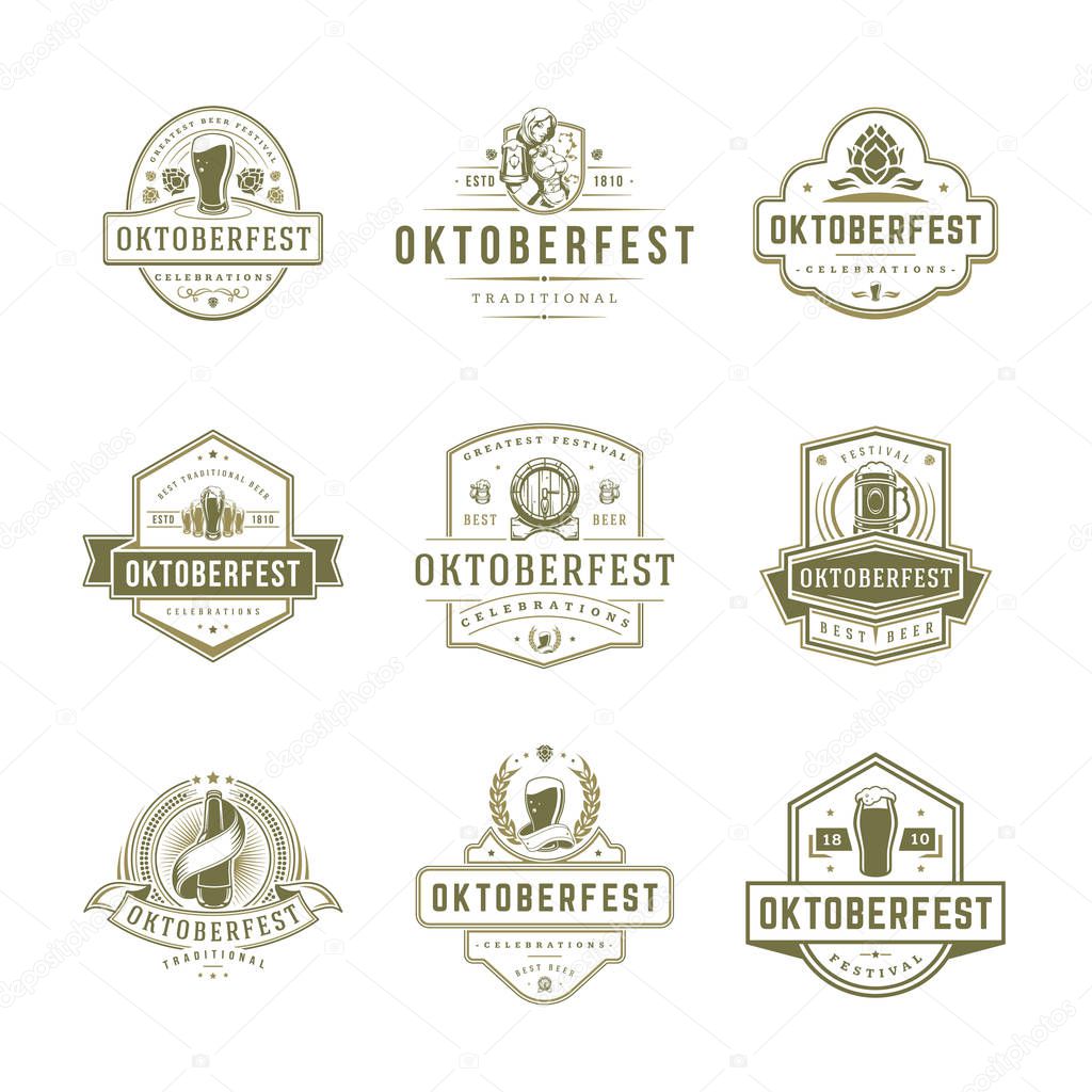 Oktoberfest labels, badges and logos set Beer festival celebrations text. Vector illustration.