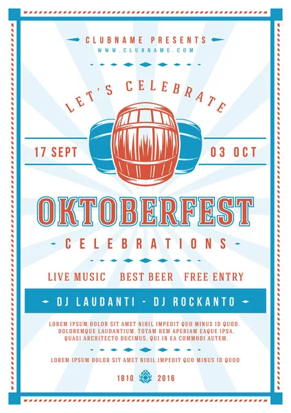 Oktoberfest beer festival celebration poster or flyer template retro typography. — Stock Vector