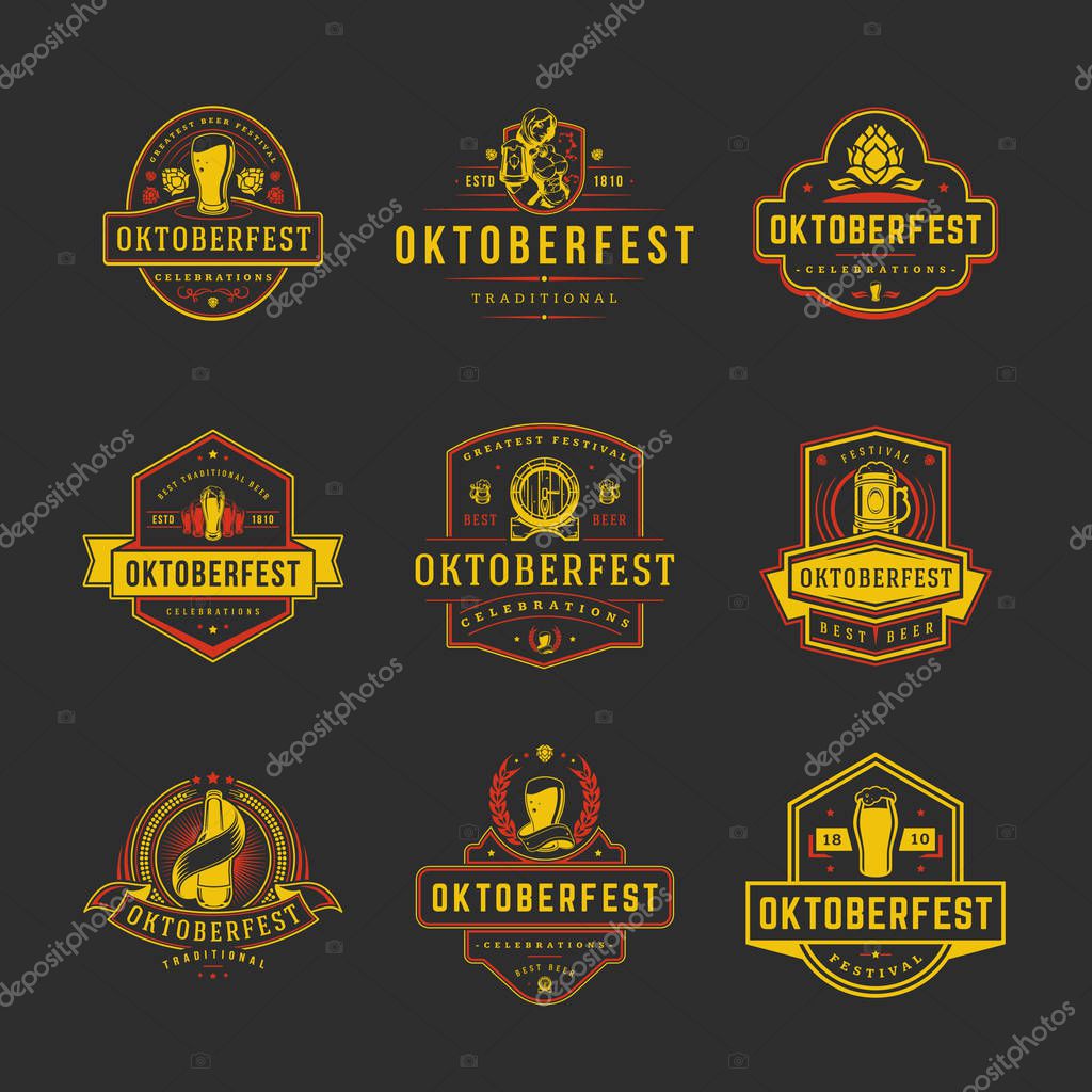 Oktoberfest labels, badges and logos set beer festival celebration text. Vector illustration.