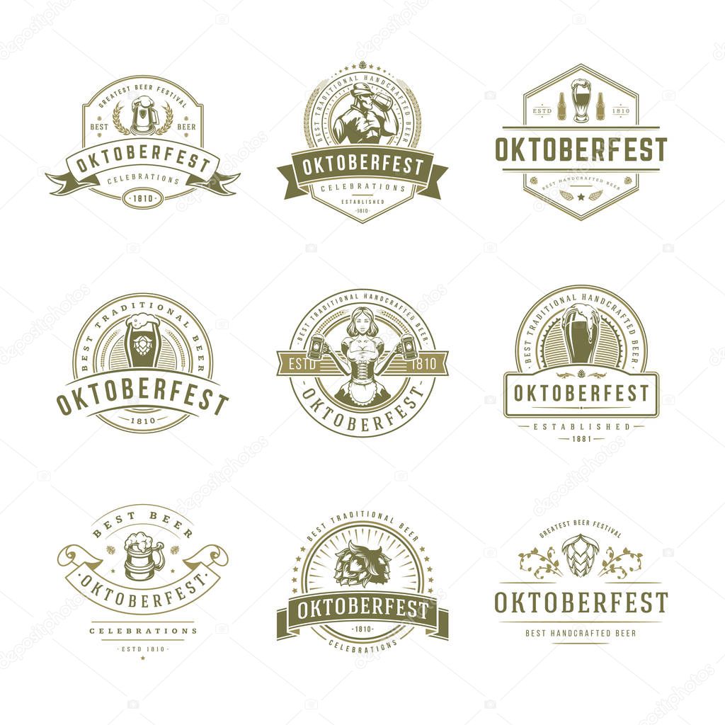 Oktoberfest labels, badges and logos set beer festival celebration text. Vector illustration.