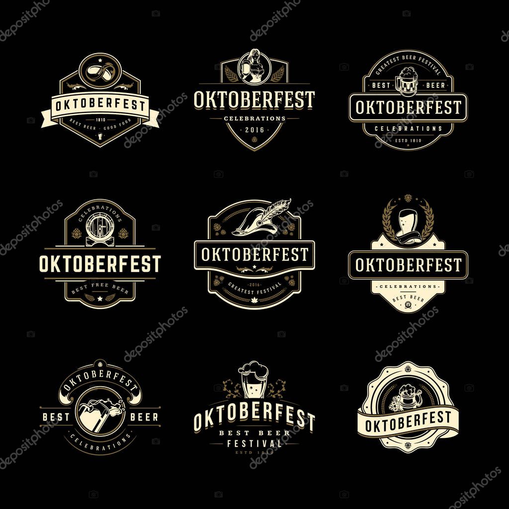 Oktoberfest labels, badges and logos set beer festival celebration text. Vector illustration.