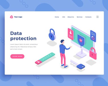 Veri koruma kavramı, ofis adamı ve ekran ile etkileşim.