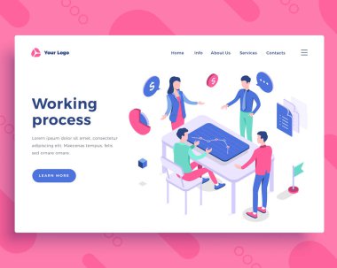 Ekip çalışması süreci kavramı, ofis insanları ve grafikle etkileşim