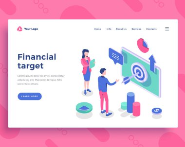 Finansal hedef kavramı, ofis insanları ve ekran ile etkileşim.