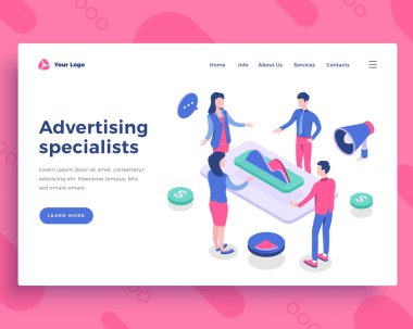 Reklam uzmanları kavramı, ofis insanları ve grafik ile etkileşim.