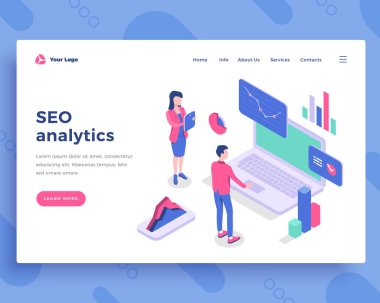 Seo analytics concept, office people and interact with laptop.