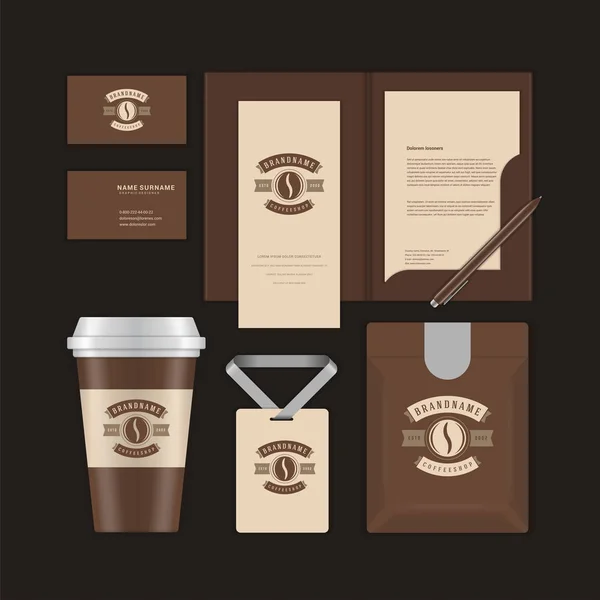 Coffee shop logo desig template and corporate branding identity mock ups. — Stock Vector