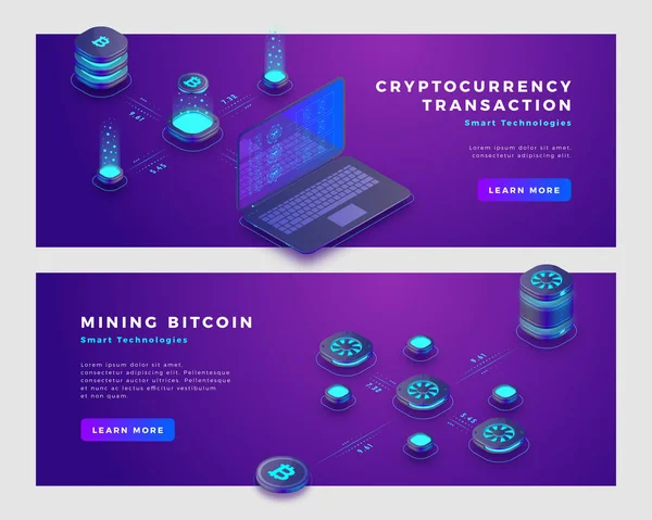 Madencilik bitcoin ve kriptopara işlem kavramı afiş şablonu.