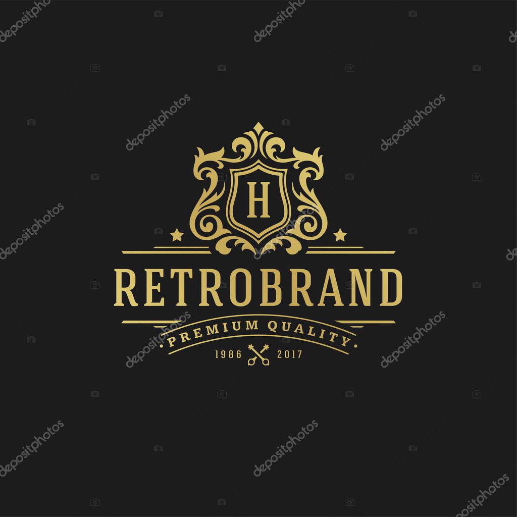 Luxury logo design template vector illustration victorian vignettes royal ornament shapes for logotype or badge design. Good for fashion boutique, alcohol or restaurant branding.