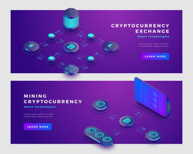 Madencilik bitcoin ve kriptopara döviz kavramı afiş şablonu.