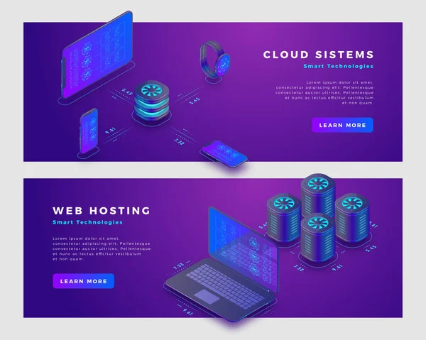 Felhő tároló és web hosting koncepció banner sablon. — Stock Vector