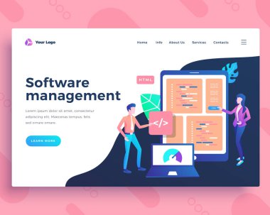 Ofis insanları ile açılış sayfası şablonu yazılım yönetimi kavramı.
