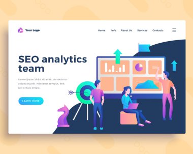 Açılış sayfası şablonu Ofis insanları ile Seo analitik takım konsepti.