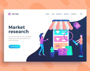 Ofis insanları ile açılış sayfası şablonu pazar araştırması konsepti.