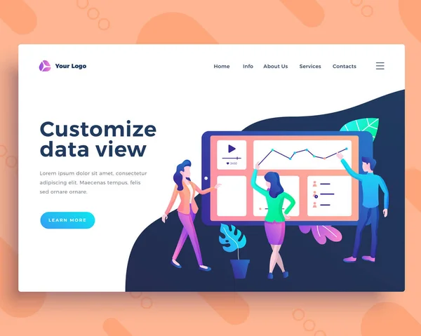 Landing Page Template Data View Konzept mit Büromitarbeitern. — Stockvektor