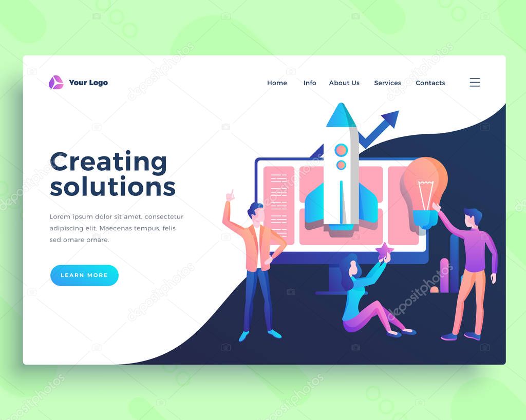 Landing page creating solution concept with office people.