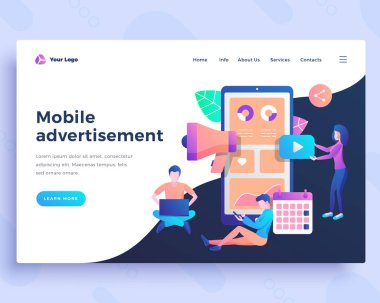 Ofis insanları ile açılış sayfası şablonu mobil reklam konsepti.
