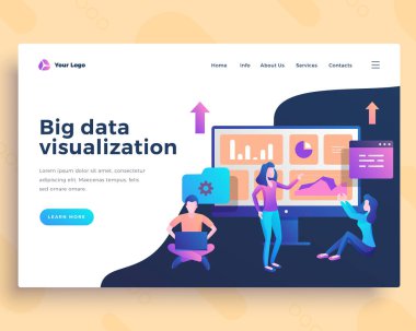 Açılış sayfası şablonu yazılım ofis insanlarla büyük veri görselleştirme kavramı.