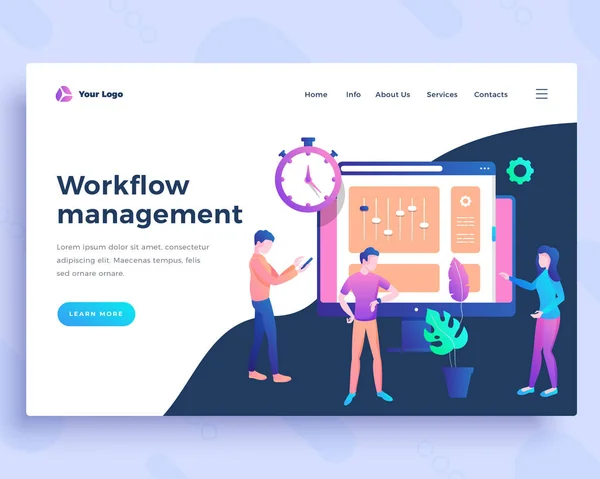 Landing Page Template Workflow Management Konzept mit Büromitarbeitern — Stockvektor