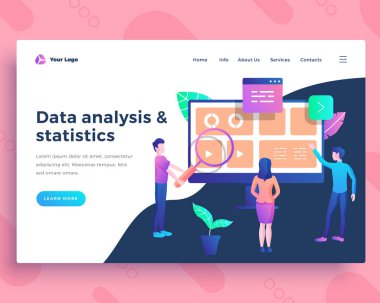 Ofis insanlarıyla açılış sayfası şablonu veri analizi konsepti.