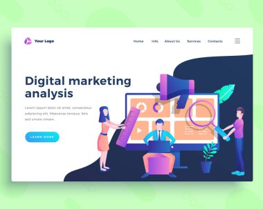 Açılış sayfası şablonu ofis insanları ile dijital pazarlama analizi kavramı.