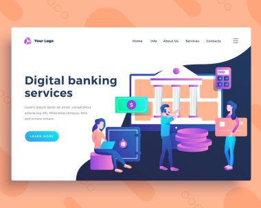 Açılış sayfası şablonu ofis insanları ile dijital bankacılık hizmetleri kavramı.