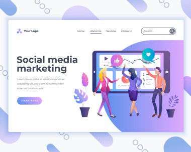 Açılış sayfası şablonu ofis insanları karakterleri ile sosyal medya pazarlama konsepti.