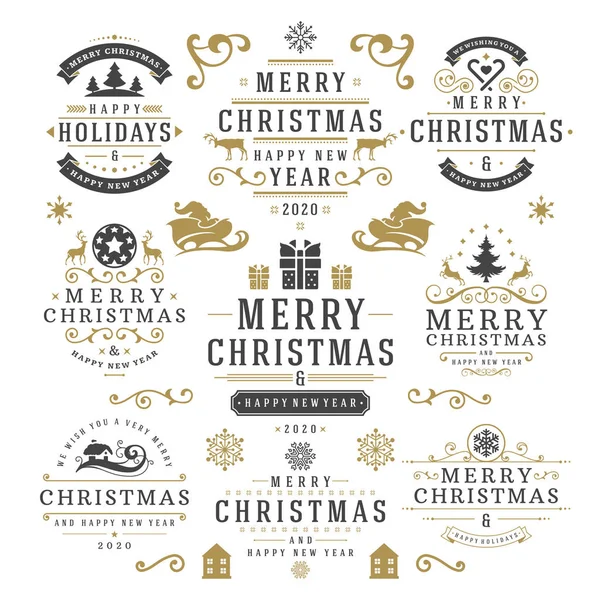 Christmas and happy new year wishes labels and badges set vector illustration — Stock Vector