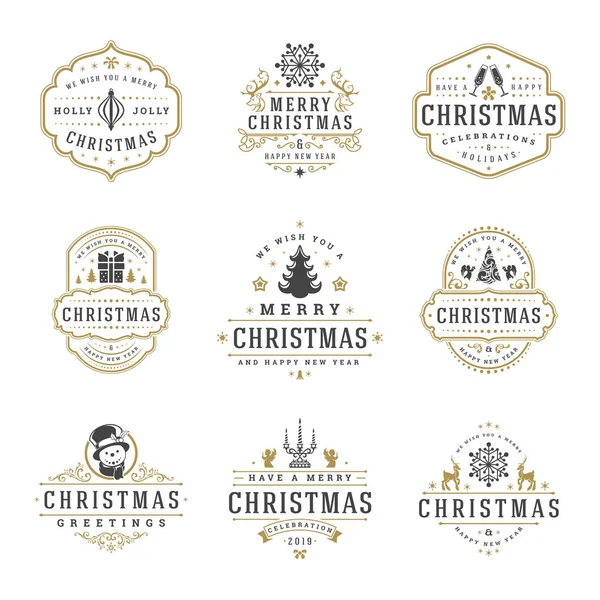 Christmas and happy new year wishes labels and badges set vector illustration — Stock Vector