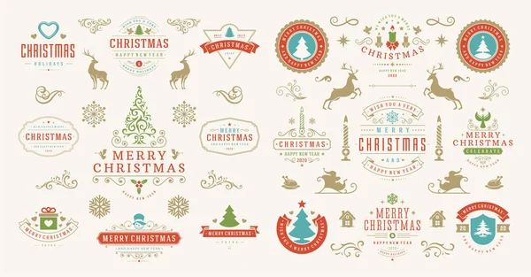 Natale e felice anno nuovo auguri etichette e badge set vettoriale illustrazione — Vettoriale Stock