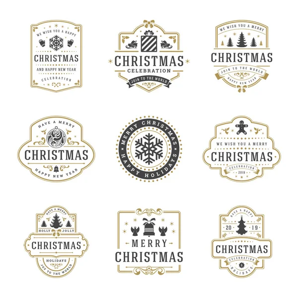 Christmas and happy new year wishes labels and badges set vector illustration — Stock Vector