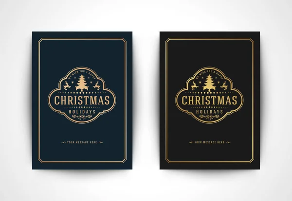 Рождественские открытки с силуэтом елки и декоративные типографические зимние праздники текстовые векторные иллюстрации . — стоковый вектор