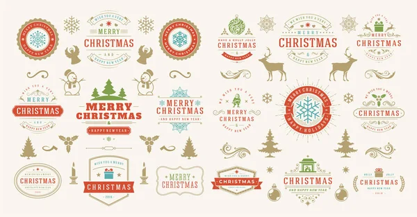 Christmas and happy new year wishes labels and badges set vector illustration — Stock Vector