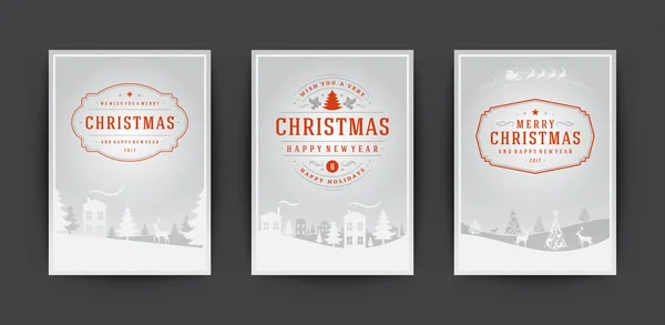 Biglietti di auguri natalizi set e ornate tipografiche vacanze invernali testo vettoriale illustrazione — Vettoriale Stock