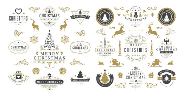 Рождество и Новый год желает ярлыков и значков установить векторную иллюстрацию — стоковый вектор