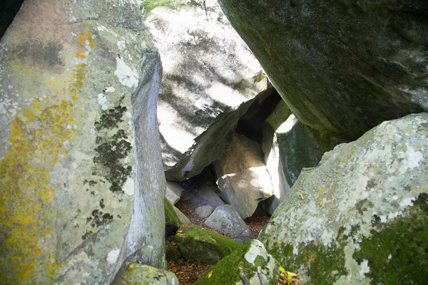 Roches Intérieur Une Grotte Avec Mousse Verte Foyer Sélectif — Photo