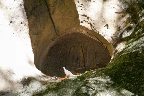 在岩石上刻有选择性焦距的多美尔洞穴 — 图库照片