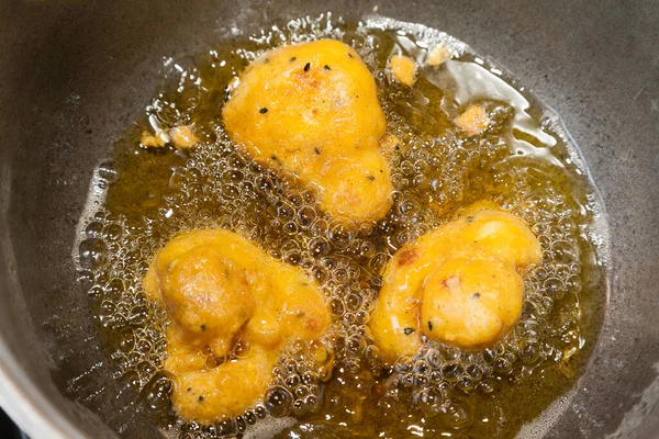 Closeup Cauliflower Pakoras Frying Oil Stock Image