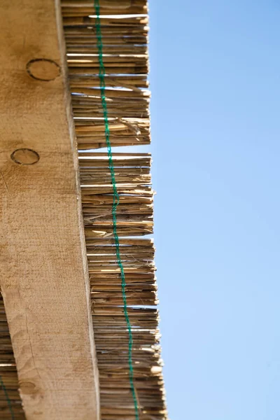 Closeup Traditional Reed Wooden Roof Blue Sky Copy Space — Stock Photo, Image