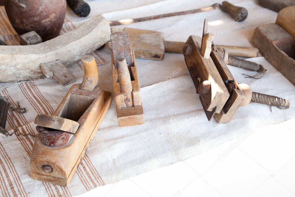 old wooden carpentry planers with selective focus