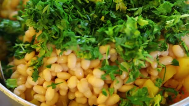Closeup Cooking Beans Parsley — Stock Video