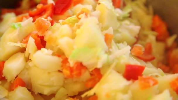 Closeup Cooking Potatoes Red Sweet Pepper Steam — Stock Video