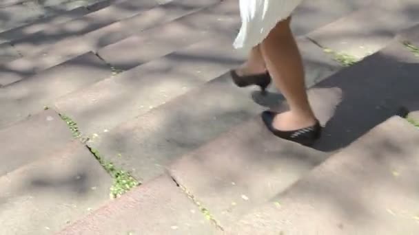 Close Van Vrouwelijke Benen Lopen Trap Buiten — Stockvideo