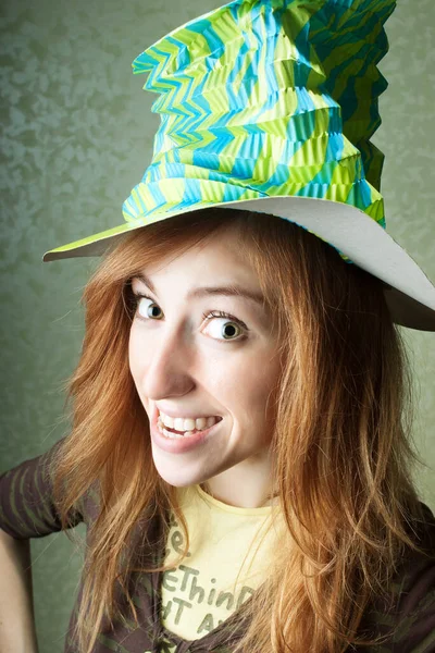 Funny Clown Girl Big Hat Smiling — Stock Photo, Image