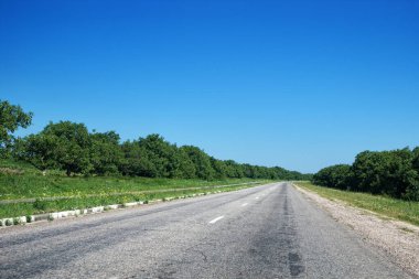 Ağaçlı ve bulutsuz mavi gökyüzü ve kopyalama alanı olan boş bir kırsal yol.