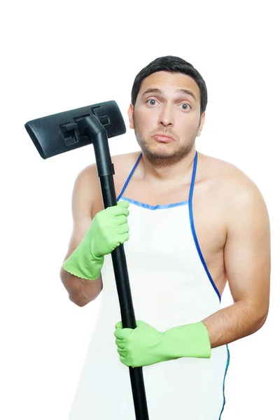 Sad Young Man Apron Holding Vacuum Cleaner Brush Isolated White — Stock Photo, Image