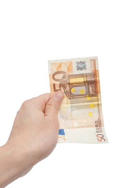 Nahaufnahme Einer Männlichen Hand Die Fünfzig Euro Banknote Isoliert Auf — Stockfoto