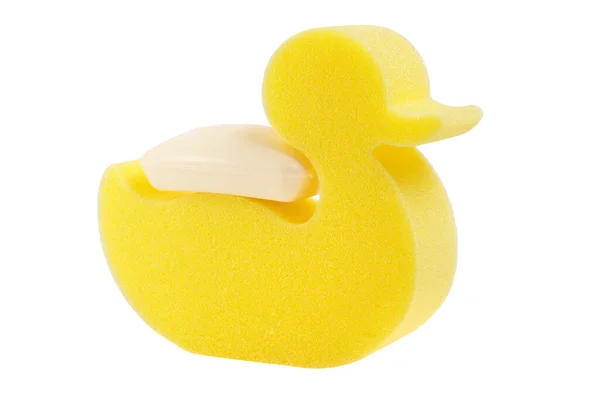Duck Sponge Carrying Piece Soap Its Back White Background — Stock Photo, Image